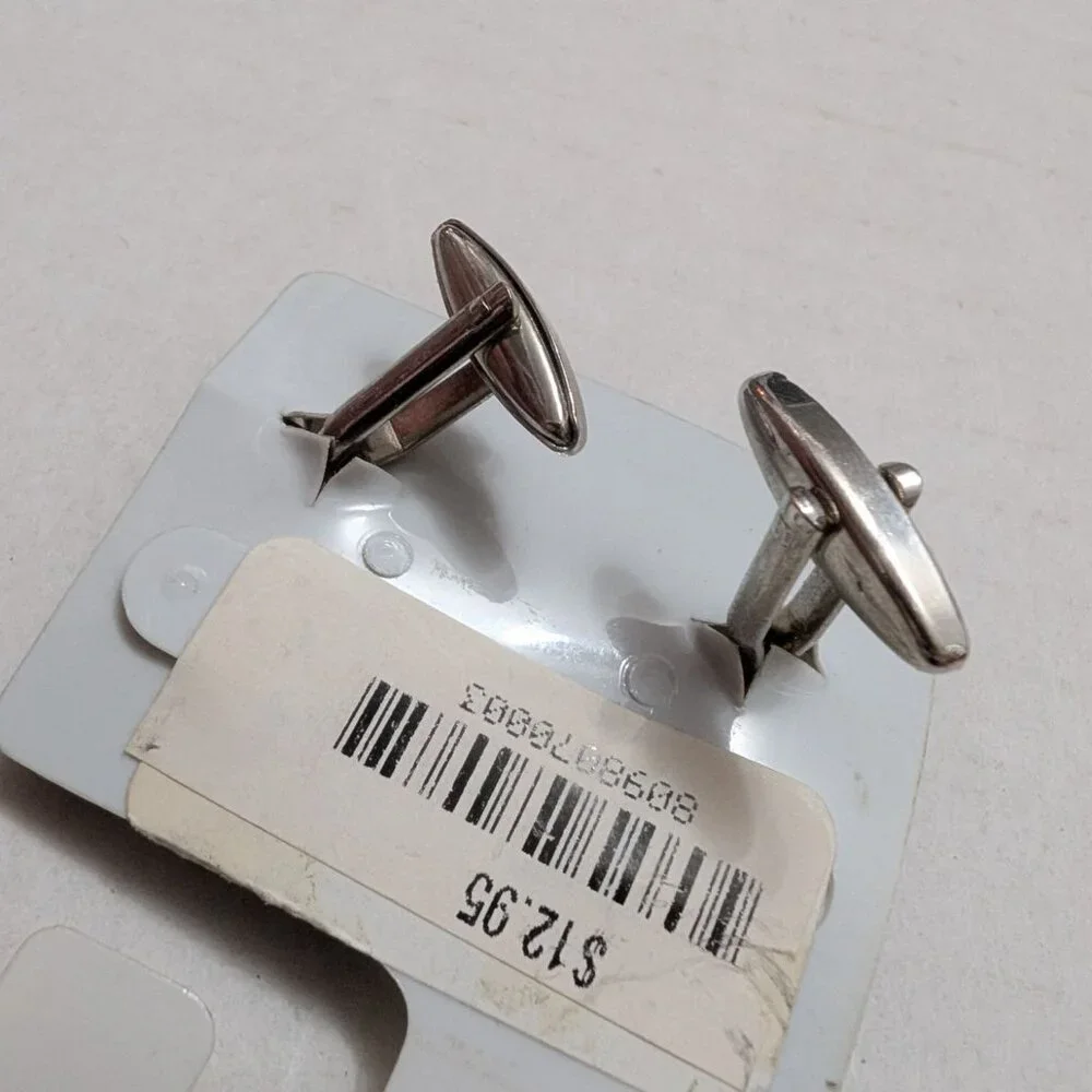 B Iconic cuff links silver tone metal barbells‎ org packaging 1 inch vintage